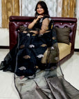 BLACK Matka Muslin jamdani Saree