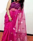 RANI PINK LEAF Matka Muslin jamdani Saree