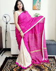 Khes soft cotton mirror work white pink saree
