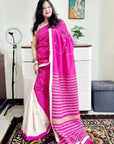 Khes soft cotton mirror work white pink saree