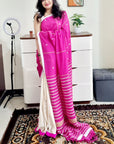 Khes soft cotton mirror work white pink saree
