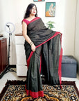 Black and red silver lining bengal handloom soft cotton saree