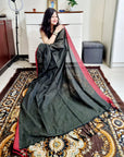 Black and red silver lining bengal handloom soft cotton saree