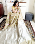 Silver zari peacock weaving beige silk saree