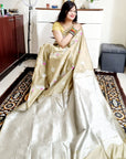 Silver zari peacock weaving beige silk saree