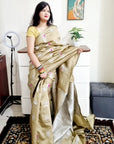 Silver zari peacock weaving beige silk saree