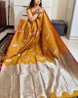 Golden brown peacock motif soft silk zari weaving saree