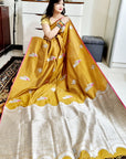 Golden brown peacock motif soft silk zari weaving saree
