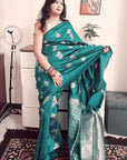 Teal Green multicolor peacock boota soft silk saree