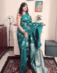 Teal Green multicolor peacock boota soft silk saree