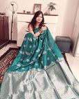 Teal Green multicolor peacock boota soft silk saree