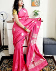 Pink soft silk silver zari peacock weaving saree