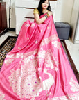 Pink soft silk silver zari peacock weaving saree