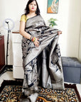 Black Silver zari weaving geometrical pattern silk saree