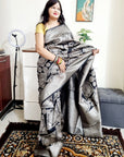 Black Silver zari weaving geometrical pattern silk saree