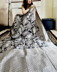 Black Silver zari weaving geometrical pattern silk saree