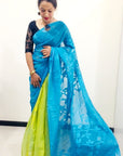 BLUE AND YELLOW Dhakai jamdani saree