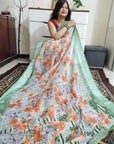 floral digital print linen cotton pista green saree
