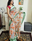 floral digital print linen cotton pista green saree