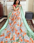 floral digital print linen cotton pista green saree