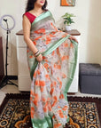 floral digital print linen cotton pista green saree
