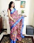 floral digital print linen cotton peach saree