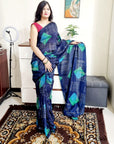 Vichitra silk digital printed blue saree