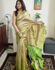 Khadi silk neon green & beige saree