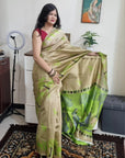 Khadi silk neon green & beige saree