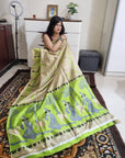 Khadi silk neon green & beige saree