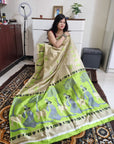Khadi silk neon green & beige saree