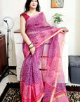 Kota cotton silk handblock pink saree