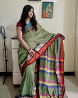 Rainbow border Soft cotton khadi saree