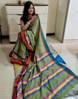 Rainbow border Soft cotton khadi saree