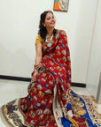 Kalamkari silk Red and Blue (Machilipatnam) pedana work saree