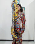 Kalamkari silk maroon and yellow (Machilipatnam) pedana work saree
