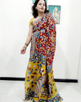 Kalamkari silk maroon and yellow (Machilipatnam) pedana work saree