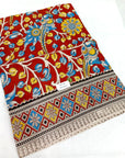 Kalamkari silk maroon and yellow (Machilipatnam) pedana work saree