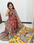 Kalamkari silk maroon and yellow (Machilipatnam) pedana work saree