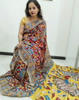 Kalamkari silk maroon and yellow (Machilipatnam) pedana work saree
