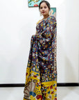 Kalamkari silk dark grey and yellow (Machilipatnam) pedana work saree