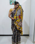 Kalamkari silk dark grey and yellow (Machilipatnam) pedana work saree
