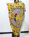 Kalamkari silk dark grey and yellow (Machilipatnam) pedana work saree