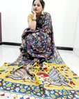 Kalamkari silk dark grey and yellow (Machilipatnam) pedana work saree
