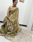 Kalamkari silk olive green (Machilipatnam) pedana work saree