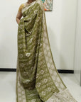 Kalamkari silk olive green (Machilipatnam) pedana work saree