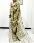 Kalamkari silk olive green (Machilipatnam) pedana work saree