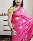 Pink soft silk silver zari peacock weaving saree
