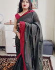 Black and red silver lining bengal handloom soft cotton saree