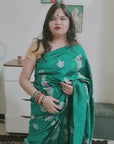 Teal Green multicolor peacock boota soft silk saree